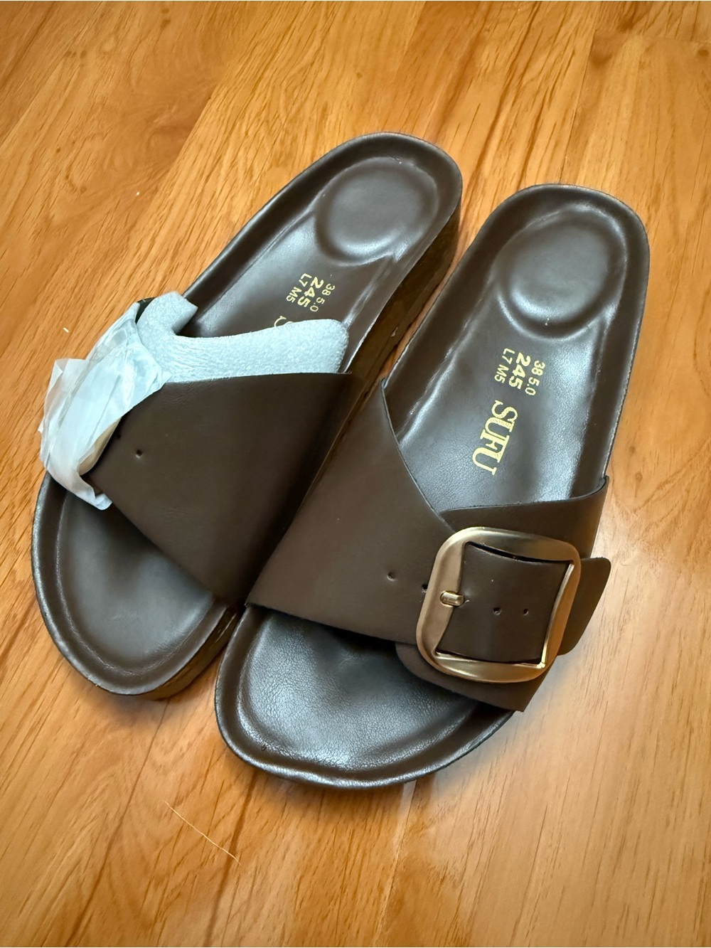Brown Buckle Slide Sandals